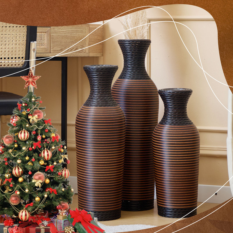 Ensemble de vases de plancher en rotin 3 pièces en PVC brun, imitation d'osier tissé à la main pour le salon