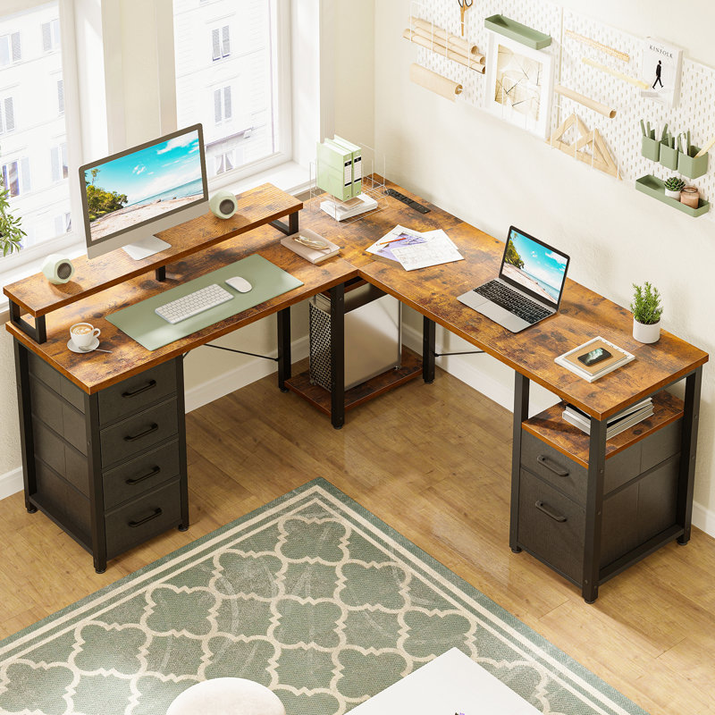 Elverton L-Shaped Gaming Desk with Built in Outlets, Brown/Black, 35.04" H x 66.14" W x 58.27" D