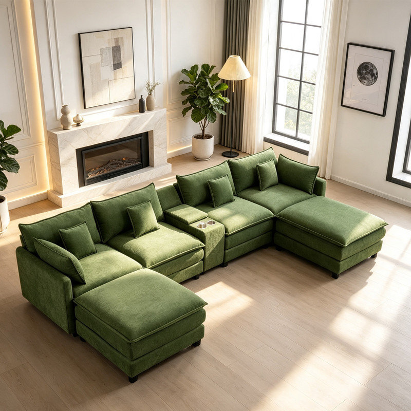 Canapé modulaire en chenille de 142 pièces de 142,5 po avec console, rangement et ports USB, Green Chenille
