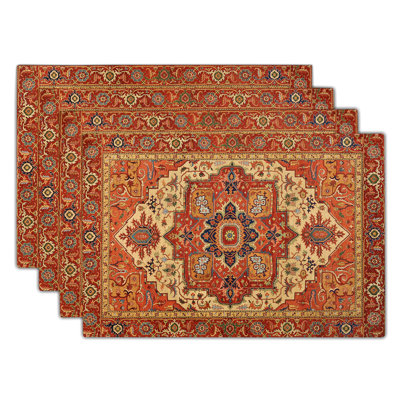 Boho Ethnic Placemats Set Of 4 Vintage Orange Brown Retro Flower Decorative Linen Table Place Mats 12"X18" Rustic Country Style Floral Place Mats Heat Resistance For Kitchen Dining Farmhouse
