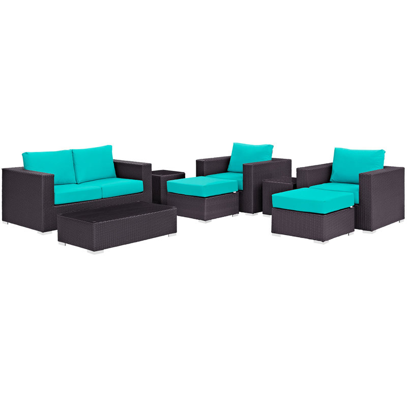 Convene 8-Piece Outdoor Patio Sofa Set with Powder Coated Aluminum Frame in Espresso, Turquoise