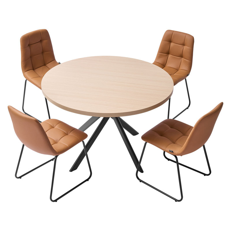 Ensemble de table de salle à manger 5 pièces, table de cuisine ronde peu encombrante avec 4 chaises rembourrées orange, coussins en similicuir, bureau moderne en ton de bois avec patins réglables pour la salle à manger, petits espaces