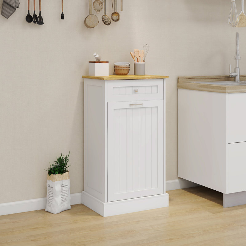 Armoire à ordures inclinable avec un tiroir et un compartiment, Blanc