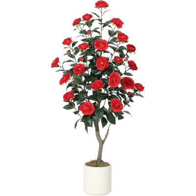 Arbre de camélia artificiel 4 pi, fleurs en soie réalistes, plante artificielle d'intérieur pour l'extérieur