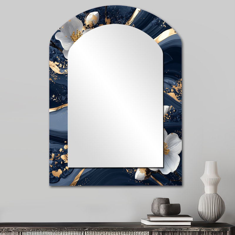 Golden Golden Dogwood Tree Fantasy I - miroir décoratif asymétrique cornouiller, grand miroir mural arqué traditionnel, impression d'art en métal