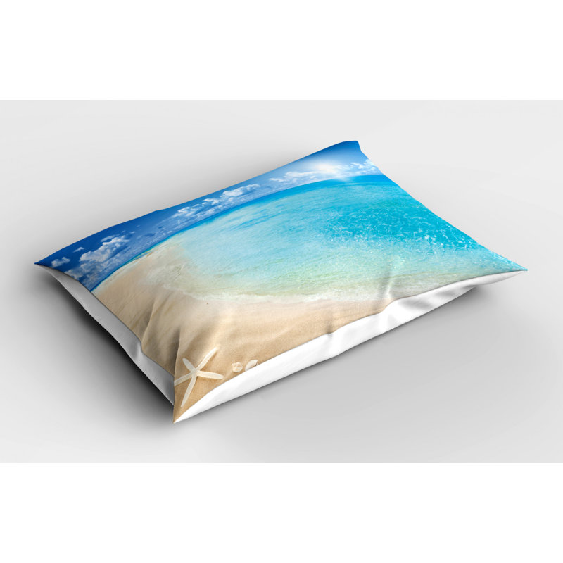 Aqua Cream Polyester Beach Scene Standard Pillow Sham