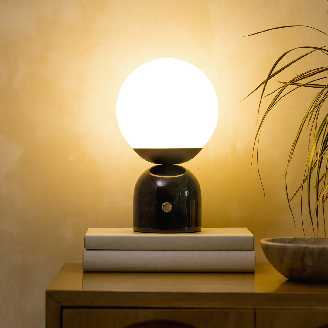 Mila 9.85 in. Mid-Century Modern LED Bedside Table Lamp with Black Marble and Frosted Globe Shade Brightech Base 