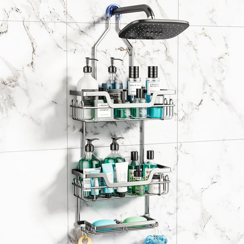 Serviteur de douche suspendu, organisateur de douche antirouille à 3 niveaux avec pomme de douche avec 16 crochets et porte-savon double, support de douche à grande capacité au-dessus de la pomme de douche pour salle de bain, argent