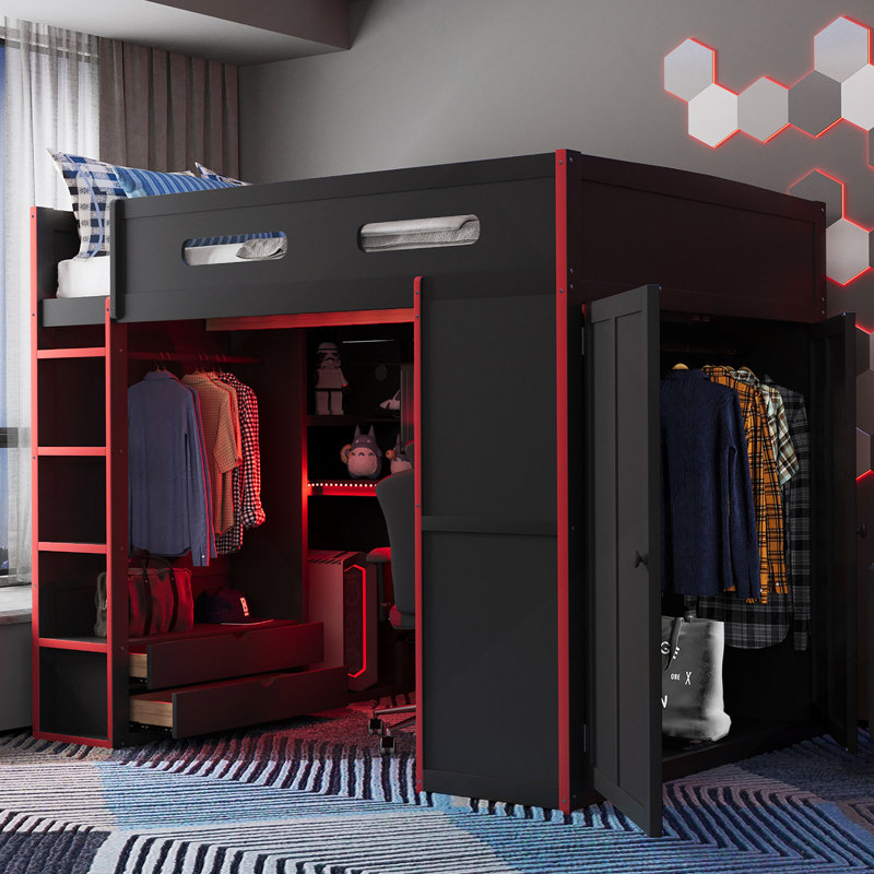 Full Size Kohlton Loft Bed With Desk,Wardrobe,Ample Storage Space,And Rgb Light, Red, Red