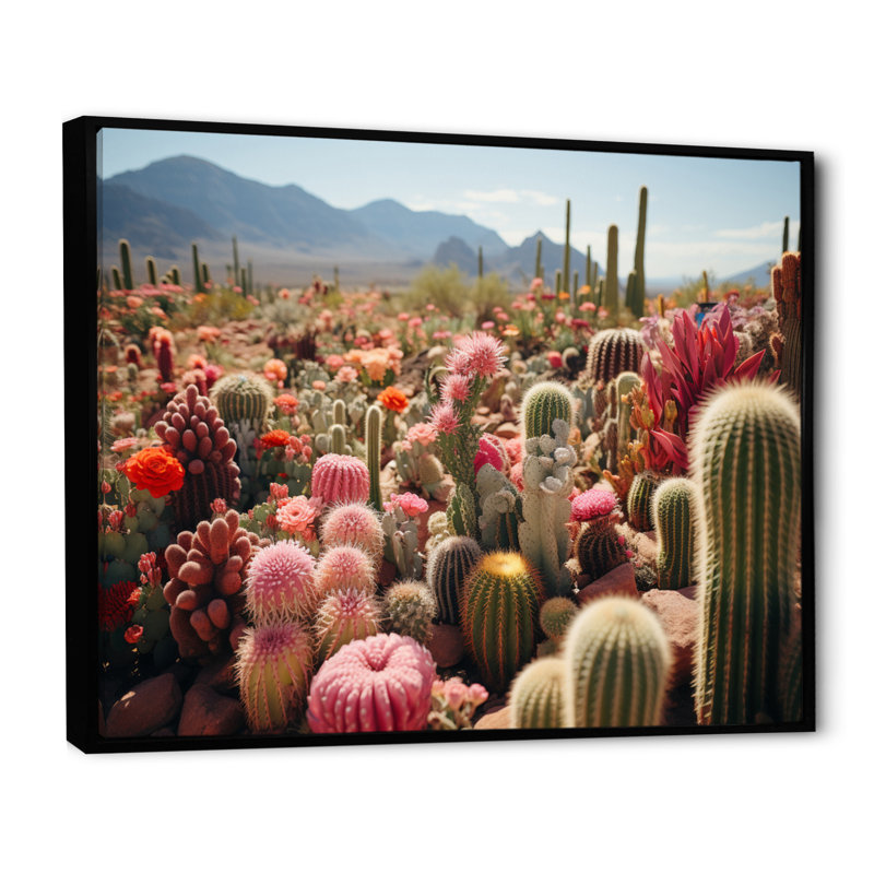 Cactus vert et rose II - impression, Cadre flottant noir, H 16 po x l 32 po x P 1 po
