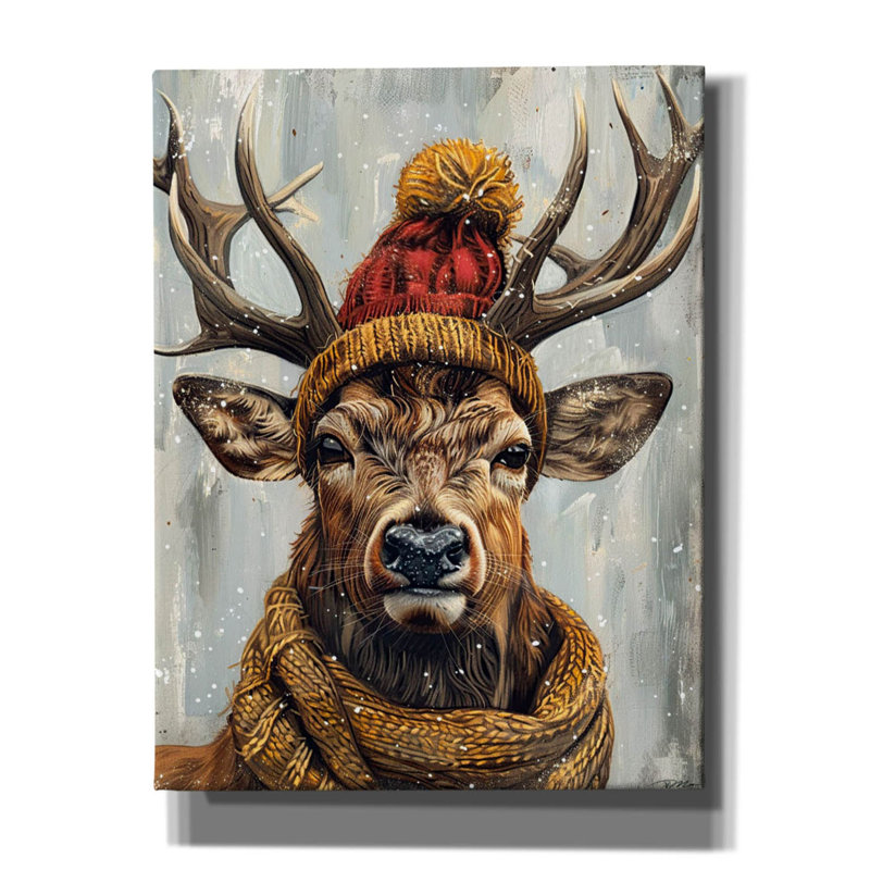 Art mural sur toile Triner «Deer with Red and Yellow Cap and Scarf» par Momart, 26 po x 34 po