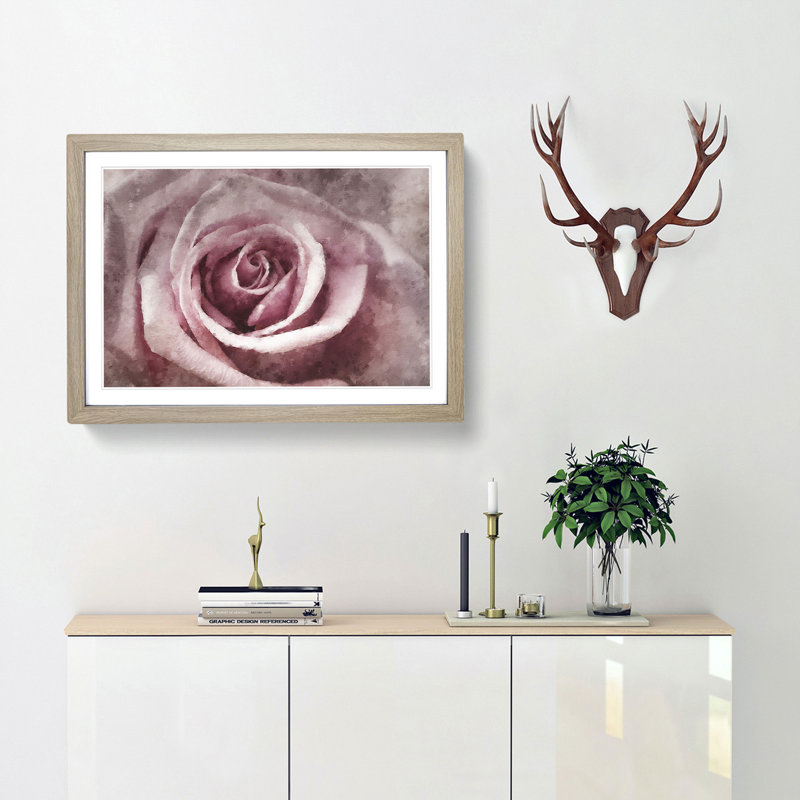 Pretty in Pink Rose Flower - Picture Frame Painting Print, 62cm H x 87cm W x 2cm D, Oak Framed