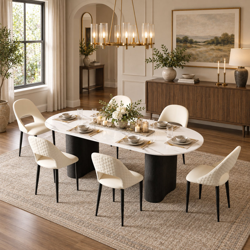 Ensemble de table de salle à manger 71 "ovale moderne, table en pierre frittée avec 6 chaises non assemblées