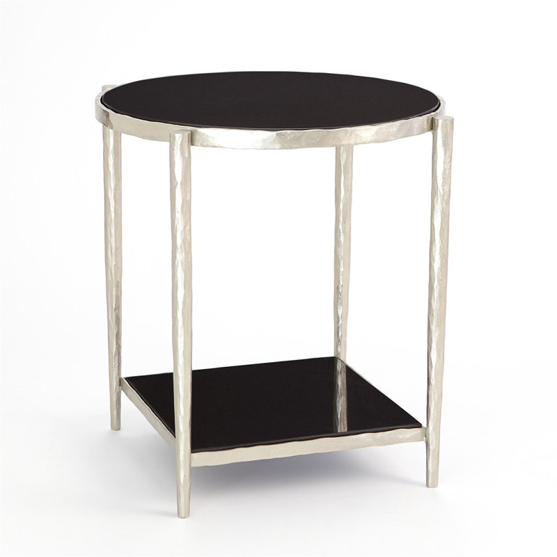 Round Black Granite and Metal Side Table with Shelf