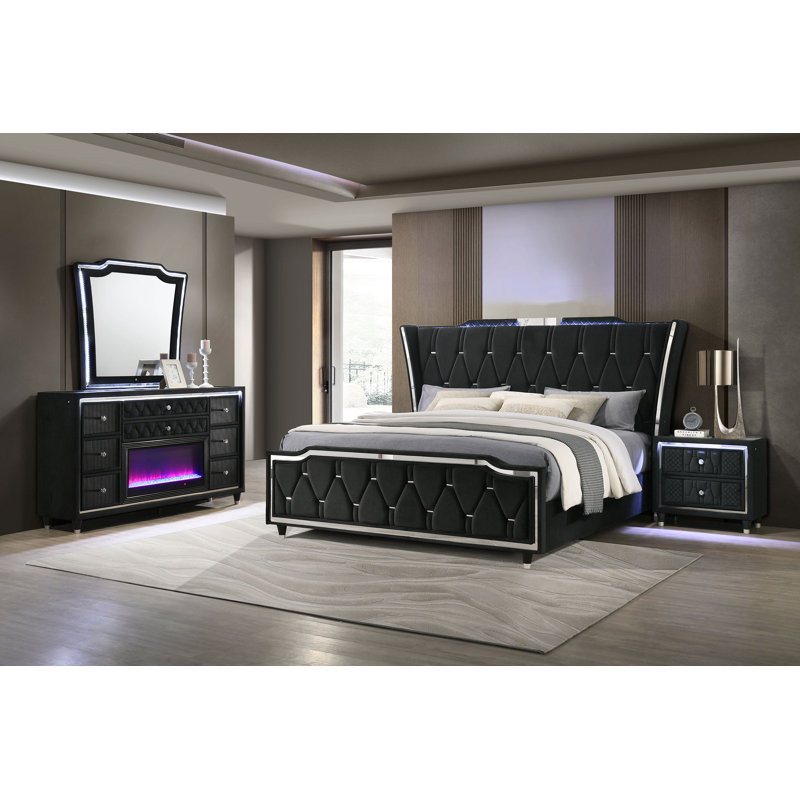 Schum 4-Piece Eastern King Bedroom Set Black, 4 Pcs: Bed, Nightstand, Mirror, Desser, King