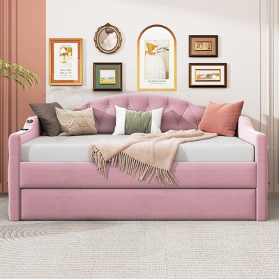 Twin Size Tufted Upholstered Daybed with Trundle, Velvet Sofabed with USB & Type-C Charging Ports, No Box-spring Needed