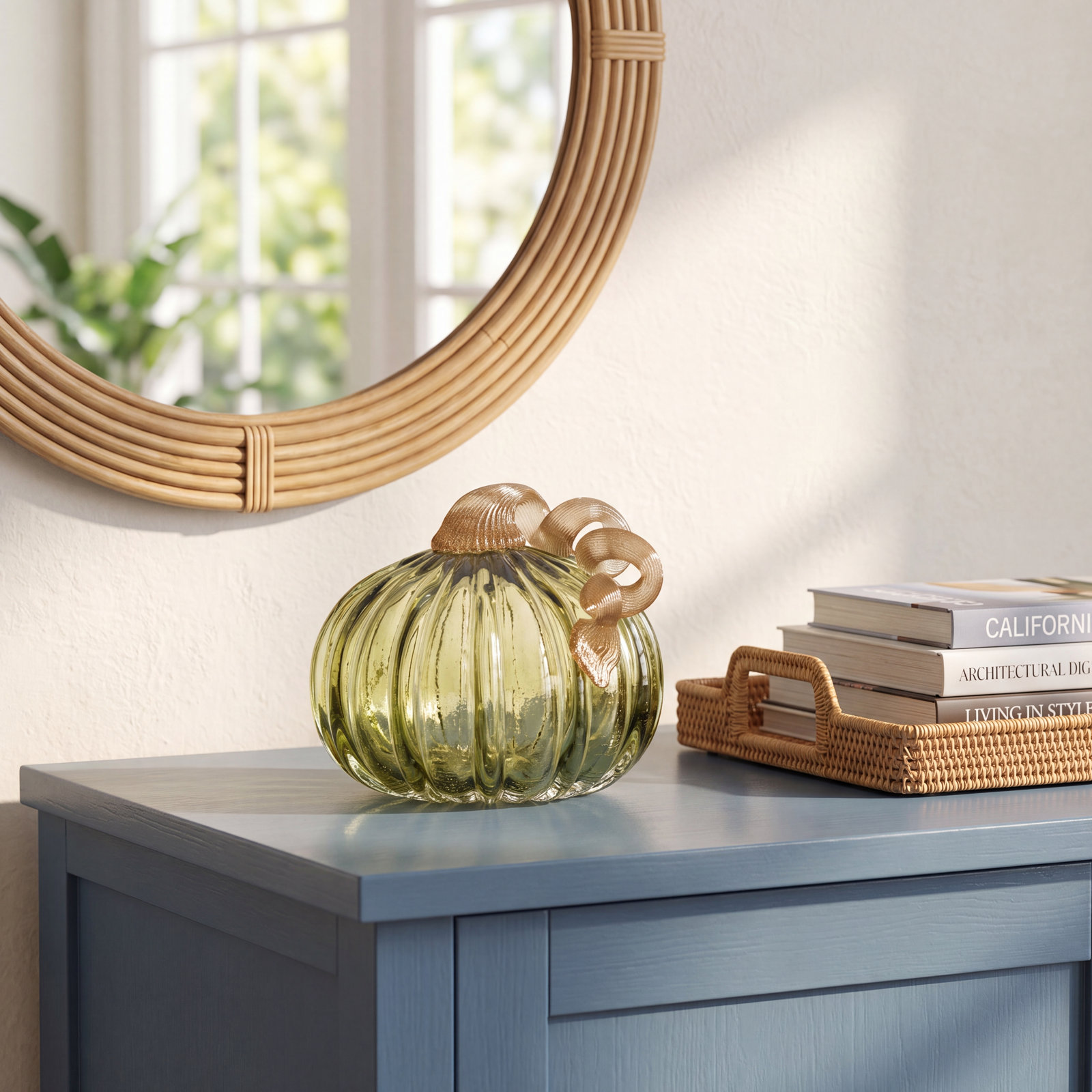 Crackle Glass Pumpkin Holiday Accent, Green
