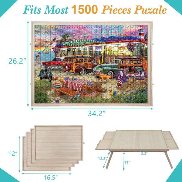 1500 Pieces Folding Puzzle Board, Foldable Legs and 4 Drawers,34.2 x 26.2  Wooden Puzzle Table with Cover mat, For Kids and Adults