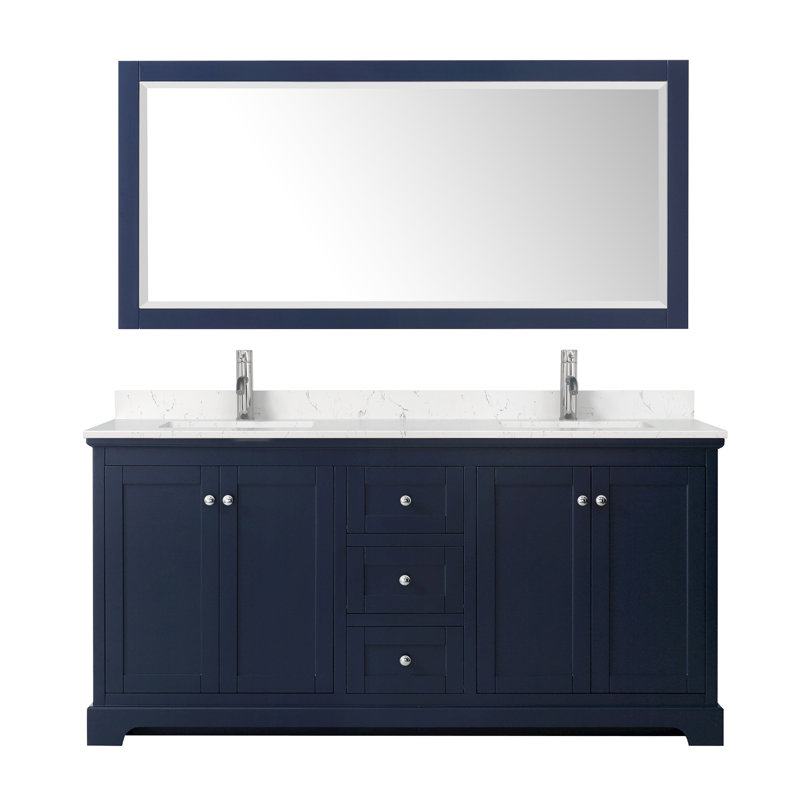 Avery 72'' Double Bathroom Vanity with Marble Top, Light Vein Carrara Cultured Marble, Dark Blue, Matte Black