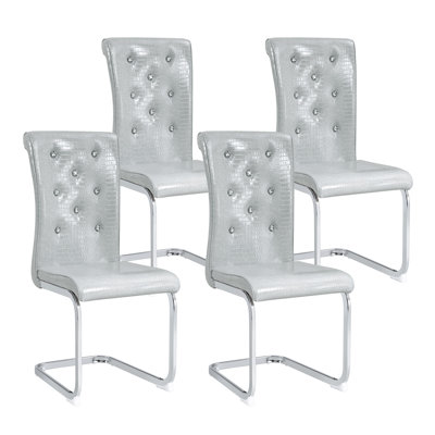 Set Of 4 Retro Alligator Skin Faux Leather Dining Chairs, Crystal Buckle Design, Electroplated Metal Bow Legs