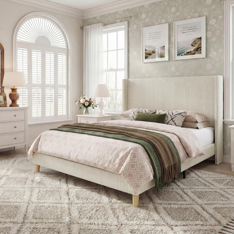 Upholstered Bed Frame With Tall Headboard, Queen, White