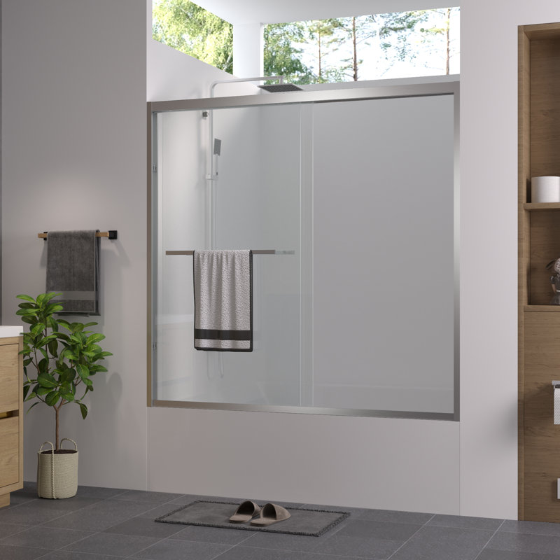 Double Sliding Bathtub Screen With 1/4"  6Mm  Tempered Glass, Finished, Adjustable Width, And Corrosion - Handle For Bathroom Finished Glass Screen, 56 60"X58", Aluminum Frame, Safe Attractive