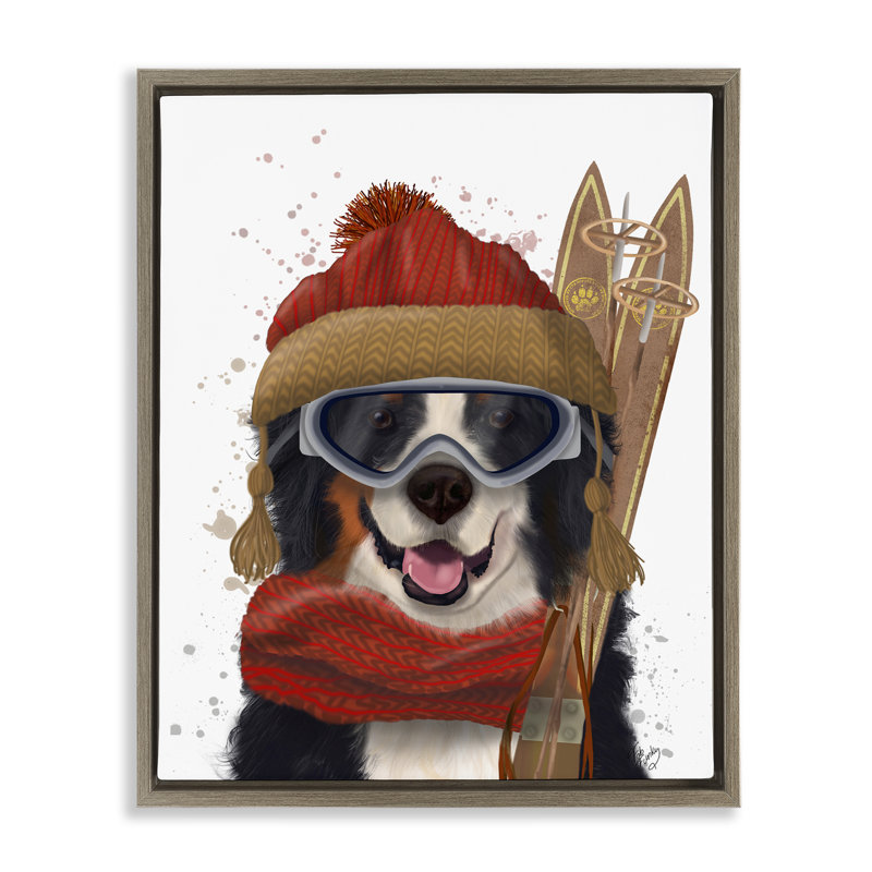 «Happy Skiing Dog» par Fab Funky, Cadre flottant orme Montalcino, H 31 po x l 25 po