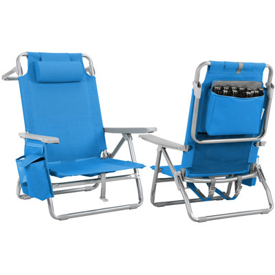 Wide 25" Low Backpack Beach Chair With 5 Position Lay Flat & Metal Handle, PVC-coated polyester Folding Beach Chair For Adults With Cooler Pouch, Storage Bag, Towel Bar, Foot Mat, For Camping, 350lbs(set Of 2, Dark Blue)