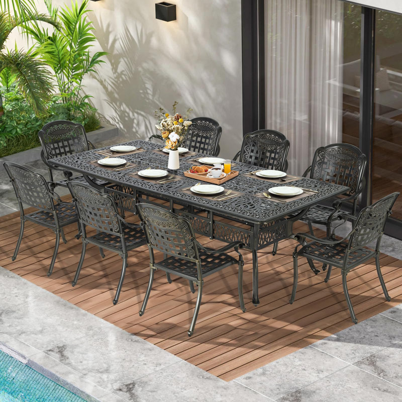 bronze cast aluminum patio table with umbrella hole Antique Square Bar Height  Artisan Furniture MFG. Inc the heavy 9-piece Outdoor Patio Dining Set,