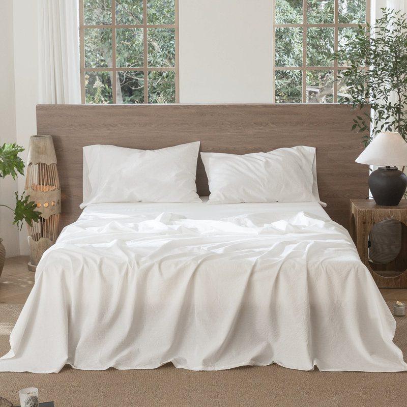 Drap plat 100% coton lavé MooMee, Drap plat de taille très grand, Blanc cassé