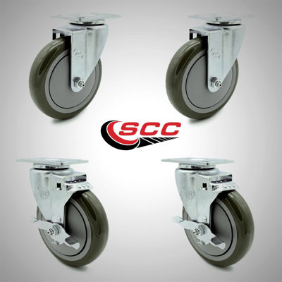 5 Inch SS Polyurethane Swivel Top Plate Caster Set with 2 Brakes SCC
