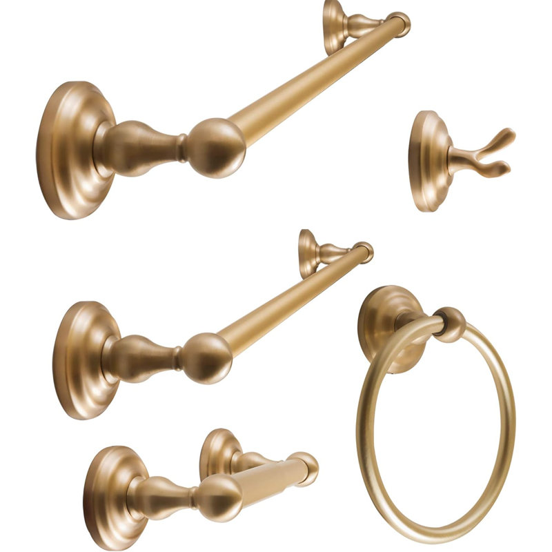 Premium Bathroom Hardware Set - 5-Piece Wall Mounted Bath Accessories Including Towel Bars, Toilet Paper Holder, Towel Ring And Robe Hook - Heavy Duty Metal Construction With Elegant Satin Brass Finish