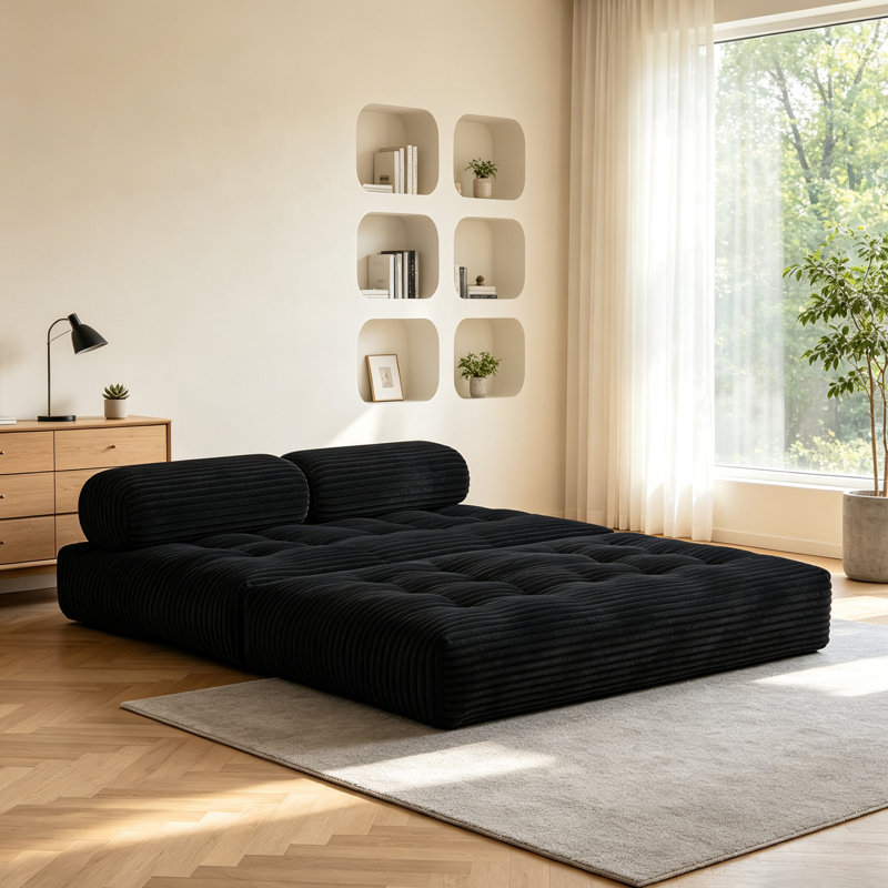 Boneless Upholstered Modern Convertible Lazy Sofa, Compression Lounge Couch for Living Room, Bedroom, Black, 2