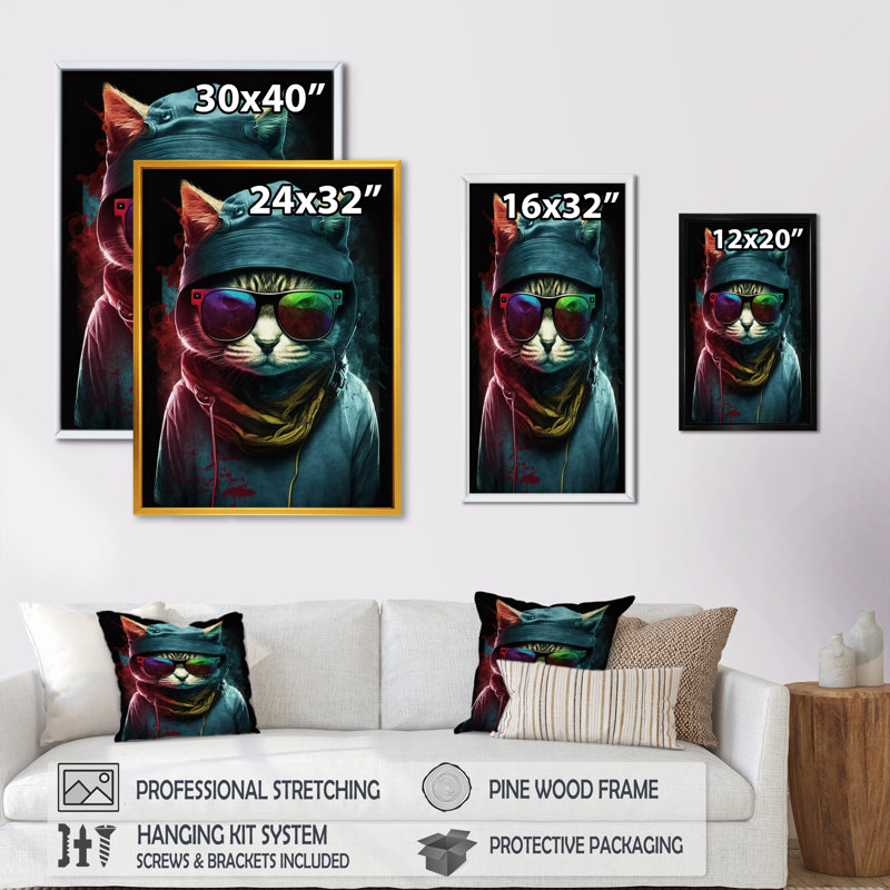 Art mural sur toile, "Bohemian Cat With Sun lunettes IV", H 32 po x l 24 po x P 1 po, Toile avec cadre flottant noir