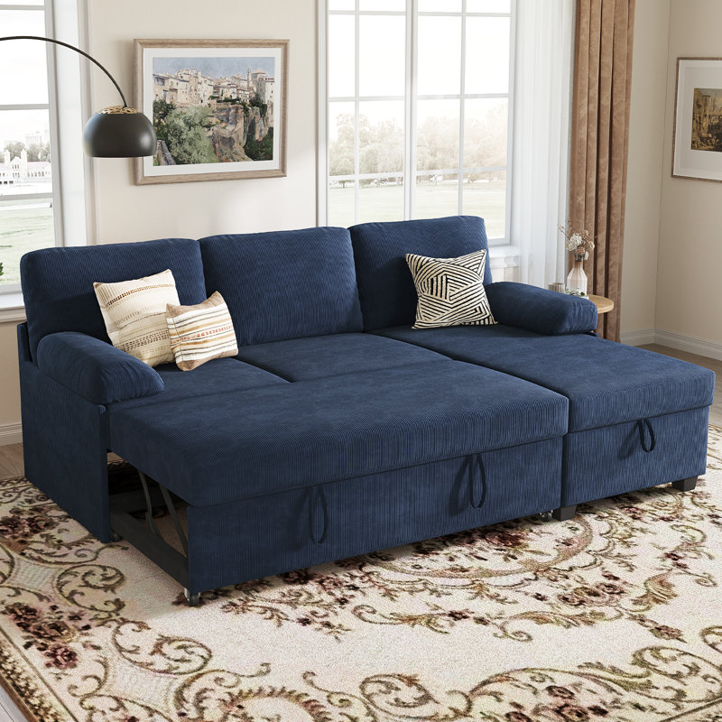 80" Corduroy Upholstered Sleeper Sofa with Storage Chaise & Pull-Out Bed, Blue Corduroy