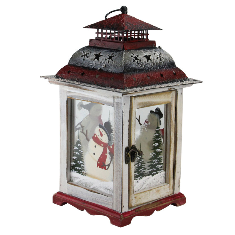 14.5" Rustic Red and White Snowman Christmas Scene Candle Lantern