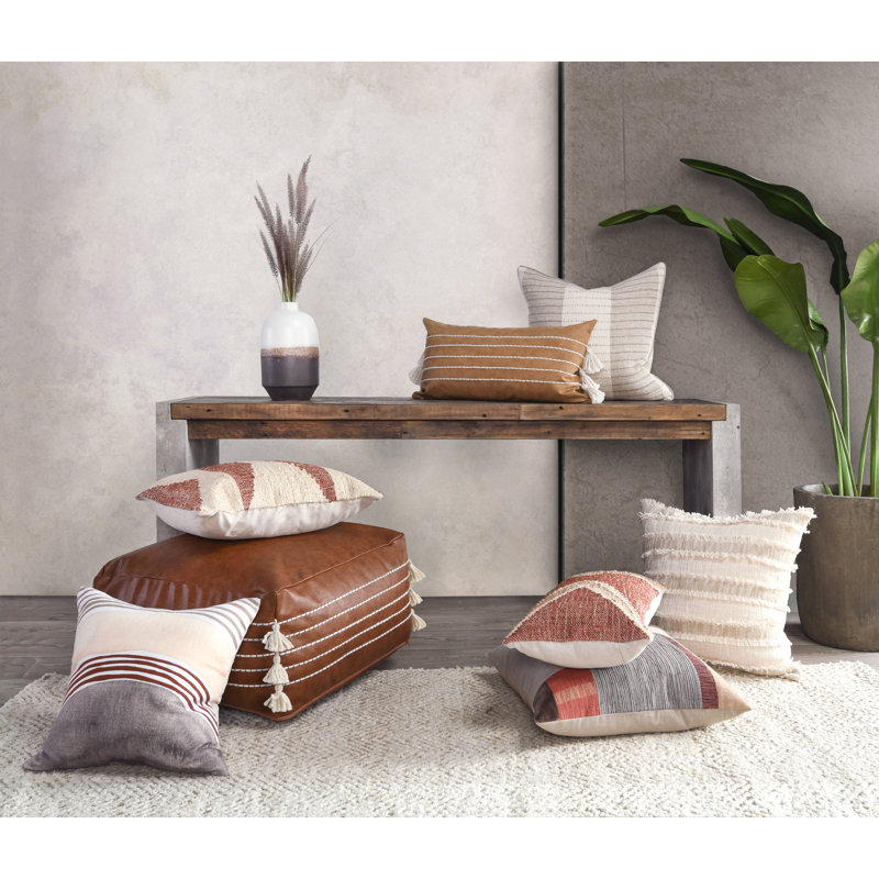 Brown Vegan Leather Pouf with Tassels