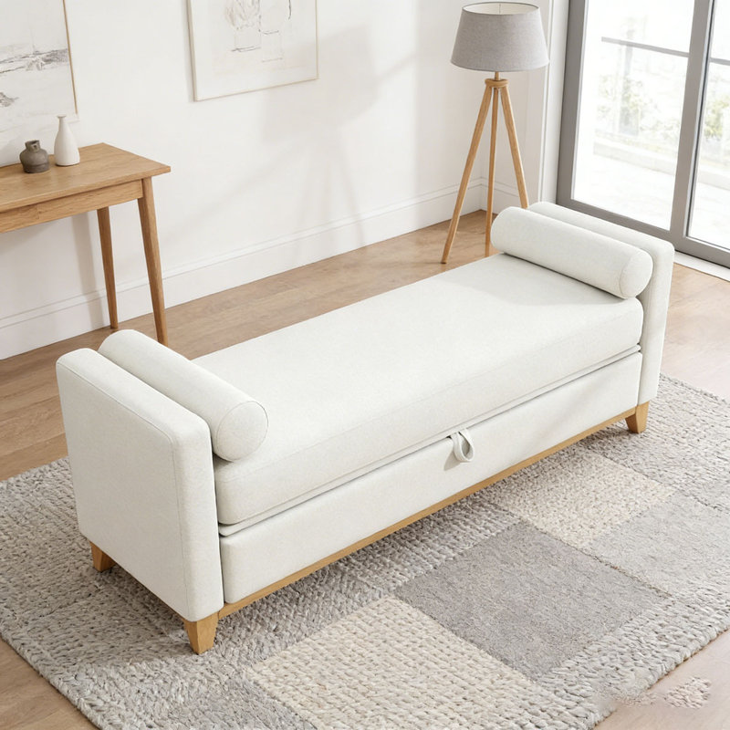 Solid Wood Upholstered Bench, Beige+Natural, 66 Inch+Storage