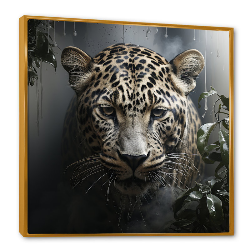 Portrait de léopard gris majestueux I - art mural léopard / guépard, Cadre flottant doré, H 30 po x l 30 po x P 1,5 po