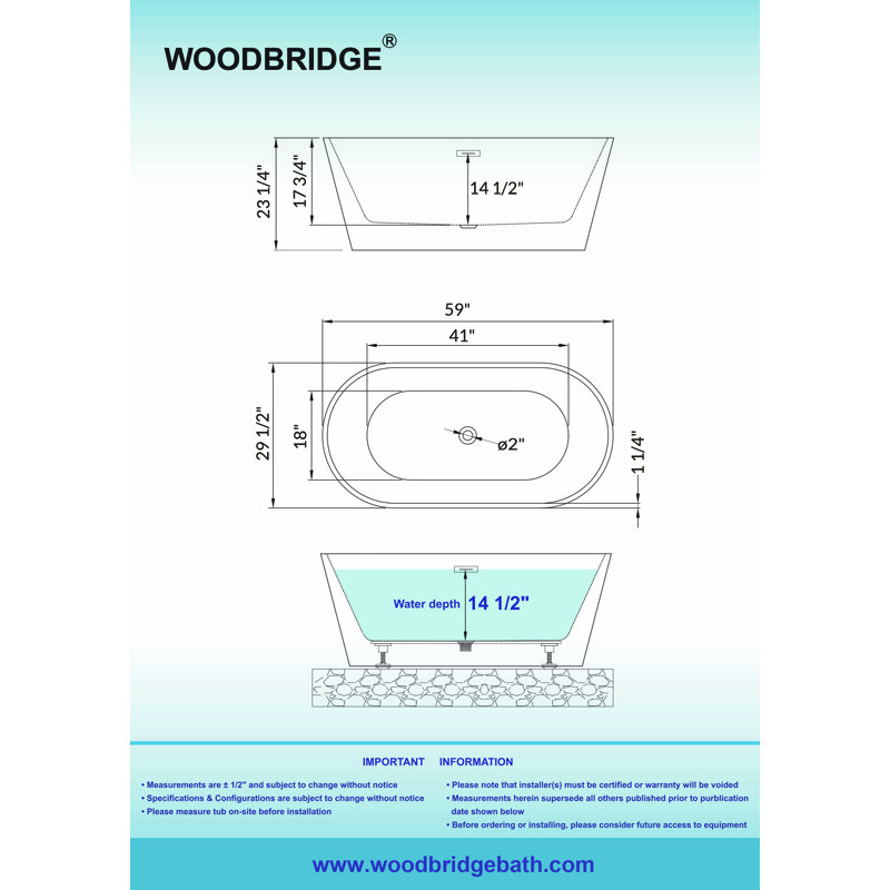 59" x 30" Freestanding Acrylic Soaking Tub - Glossy White, Glossy Black, or Black Exterior/White Interior, 5 Trim Finish Options
