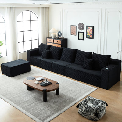 Canapé profond en velours côtelé 6 places, modulaire avec porte-gobelets, gris, moderne, sans assemblage, confortable pour les moments de tranquillité et télévision idéale