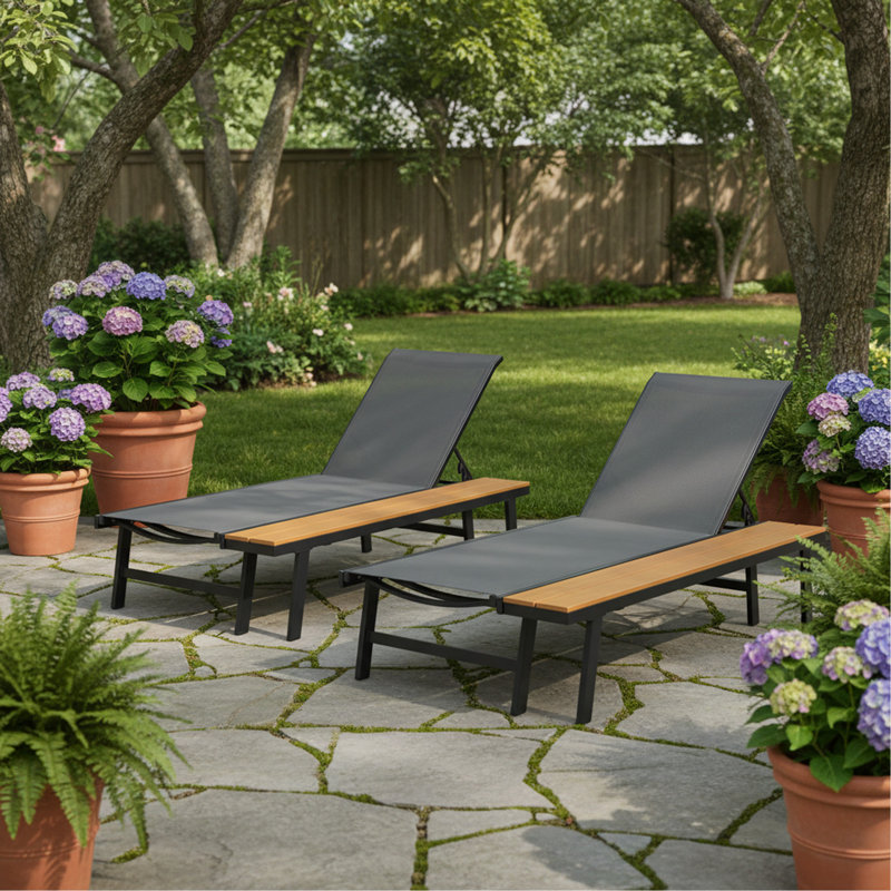 Chaise Lounge With Attached Wood Side Table, Set of 2 - Thumbnail 2