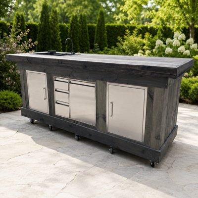 8' X 30" Outdoor Kitchen Island Bar With Sink, Storage Doors, Drawers, And Wheels