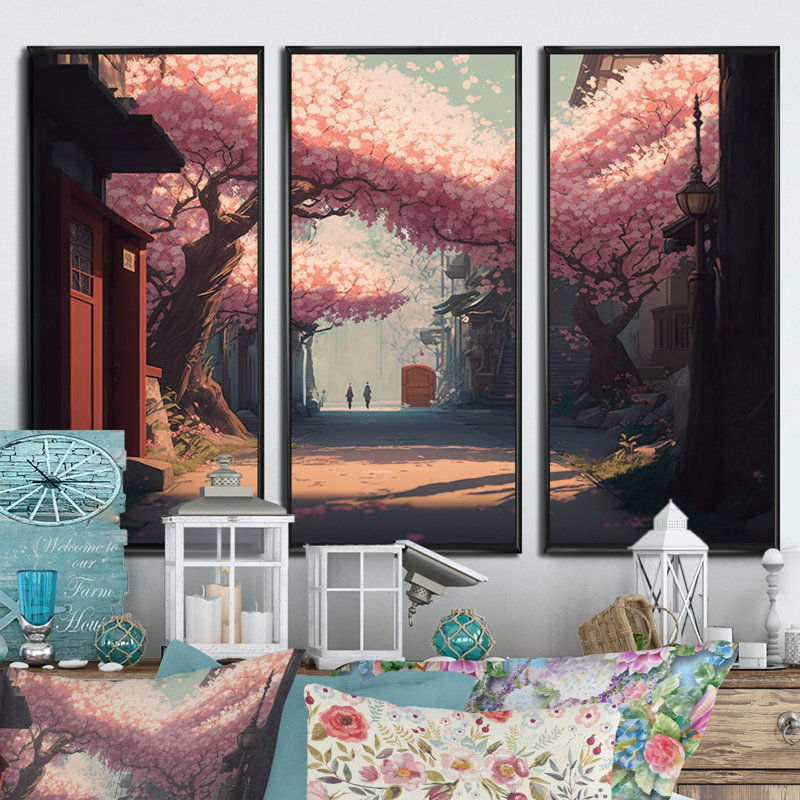 «Cherry Blossums Forest II», reproduction sur toile 3 pièces, Cadre flottant noir, H 28 po x l 36 po x P 1 po
