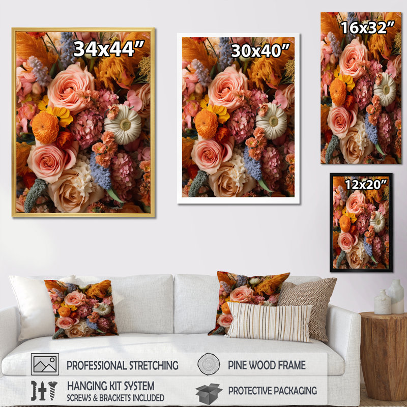 Assortiment de bouquets à la ferme II sur toile, Cadre simple blanc, H 40 po x l 30 po x P 1,5 po