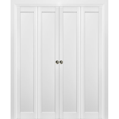 Sliding Closet Double Bi-fold Doors 72" x 84" (4* 18x84) Quadro 4111 White Silk Sturdy Tracks Moldings Trims Hardware Set Wood Solid Bedroom Wardrobe Doors