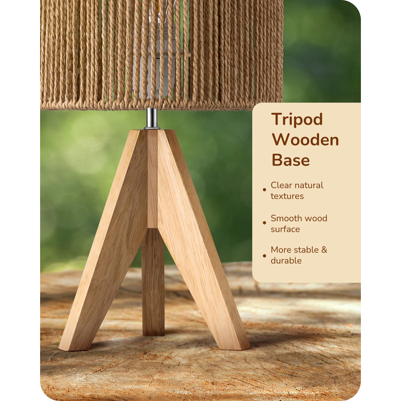 36 CM  Wood Tripod Table Lamp with Paper Lampshade, Led Bulb Included