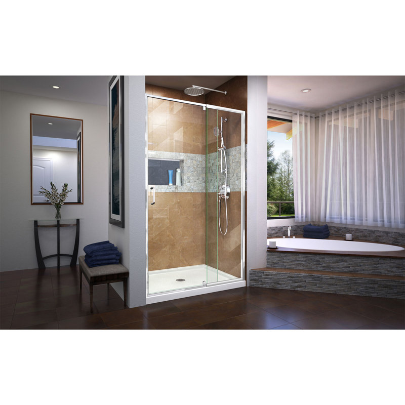 Flex 42" x 74.75" Rectangle Pivot Shower Door with Base Included, White, Chrome