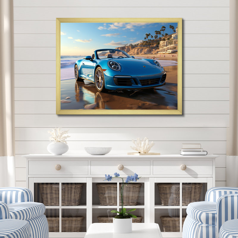 " German Car Beach Phtotography I ", 24" H x 32" W x 1" D, Gold Single Picture Framed