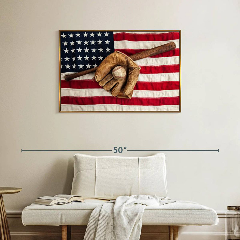 Drapeau américain de l'équipement de baseball, Cadre flottant doré, 37 po x 25 po